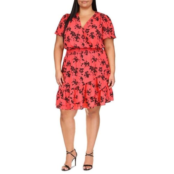 Michael Michael Kors Plus Size Floral-Print Faux-Wrap Dress, Geranium, Sz. 2X - Picture 1 of 10